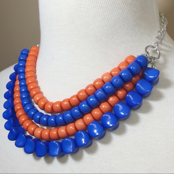 4 Row Bead Royal Blue Orange Necklace Earrings Set - Picture 2 of 3
